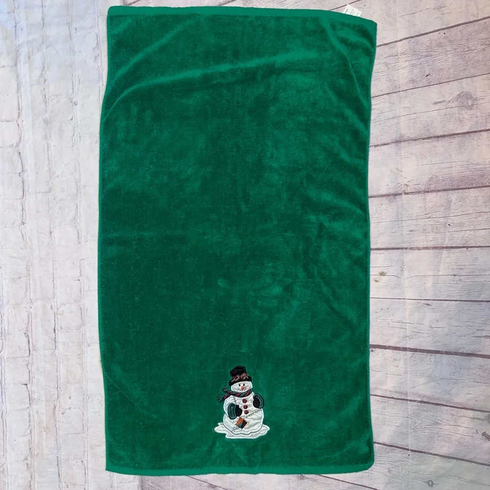 Vintage Holiday Bathworks Towel Snowman Appliqué Green 22 x 38